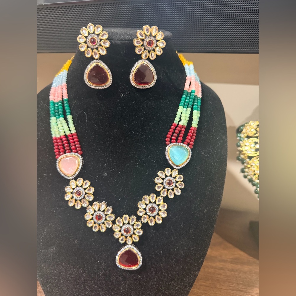 Pakistani Indian Desi Multicolor Beaded Floral Statement Necklace w earrings